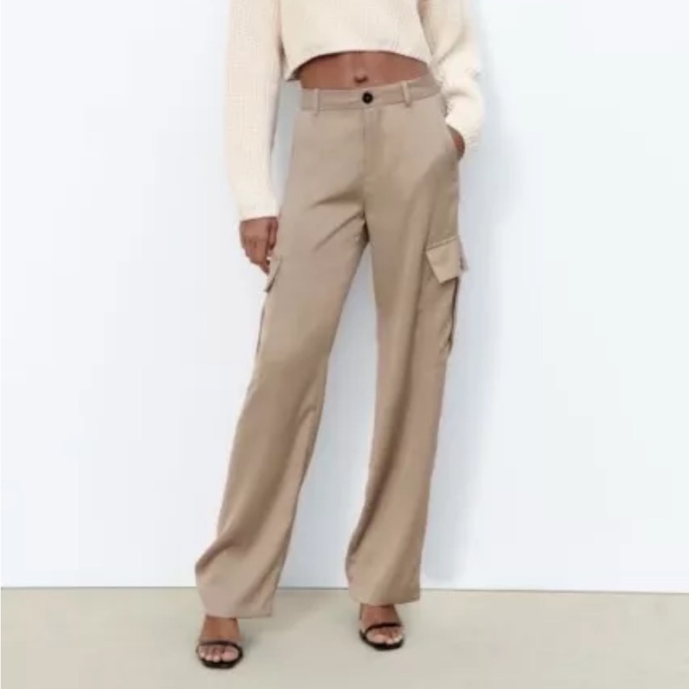 NWT Zara LARGE Satin Effect High Waisted Cargo Pants Sand Light Brown